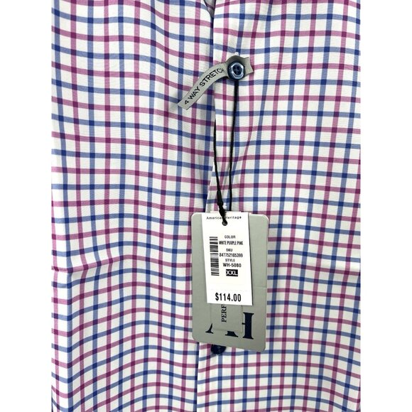 AH Men's White Purple/Pink Plaid 4-Way Stretch Button Down Shirt NWT XXL - Picture 3 of 6